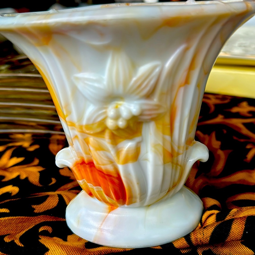 Small Akro Agate Lily Vase White and Orange Slag Depression Glass
